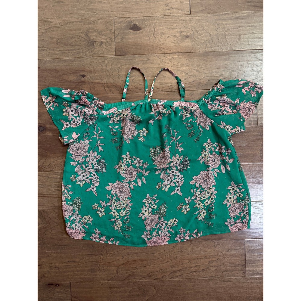 Torrid Green Floral Cold Shoulder Chiffon Blouse Shimmer Strappy Top Plus Size 3